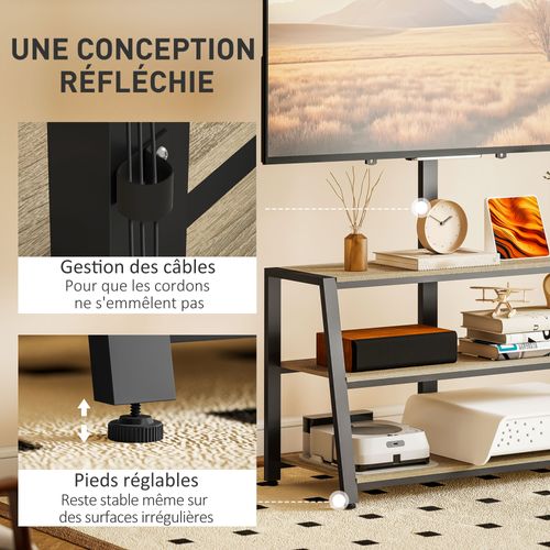 Meuble TV Avec Support Orientable 35° - 3 Étagères - Acier Noir Effet Bois Clair