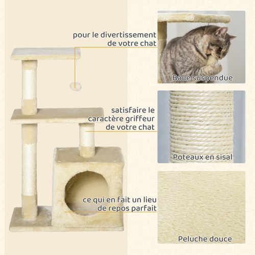 Arbre à Chat H.81cm Niche 3 Griffoirs 2 Plateformes Jeu Boule