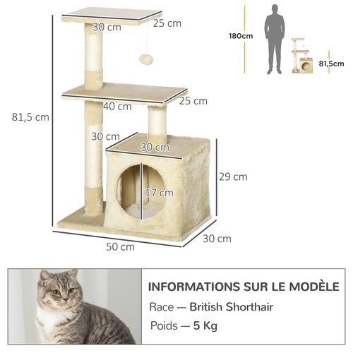 Arbre à Chat H.81cm Niche 3 Griffoirs 2 Plateformes Jeu Boule