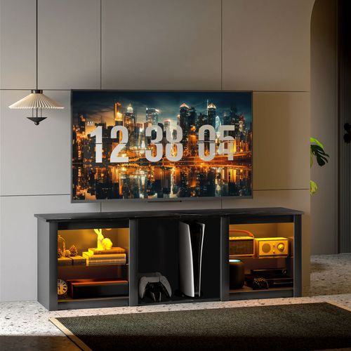 Meuble TV Design Contemporain LED - 2 Étagères Verre, Niche - Noir