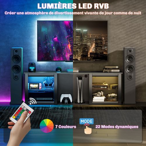 Meuble TV Design Contemporain LED - 2 Étagères Verre, Niche - Noir