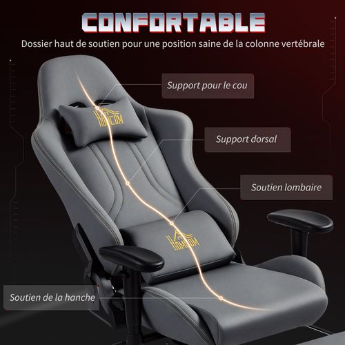 Chaise De Bureau Gaming Ergonomique Réglable Inclinable Avec Coussins Gris