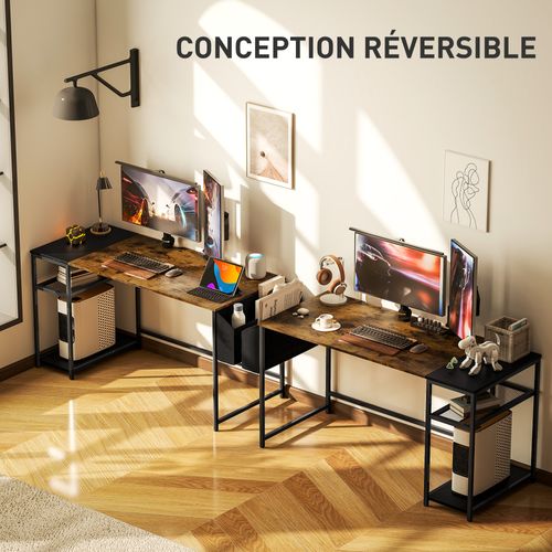 Bureau Informatique Style Industriel Multi-rangement Métal Noir Effet Bois Vieilli