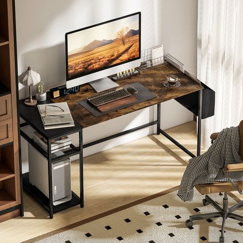 Bureau Informatique Style Industriel Multi-rangement Métal Noir Effet Bois Vieilli