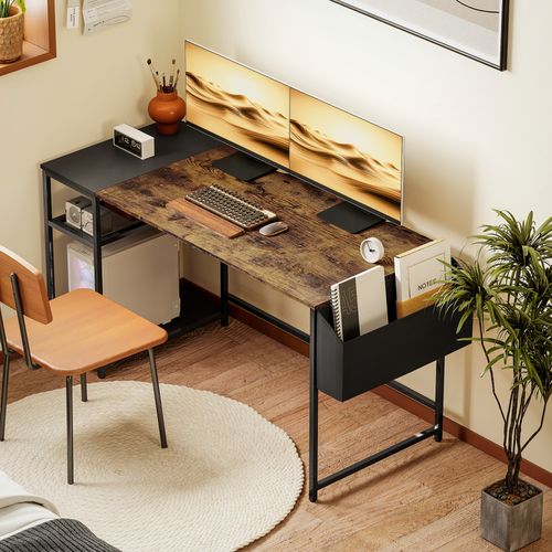 Bureau Informatique Style Industriel Multi-rangement Métal Noir Effet Bois Vieilli