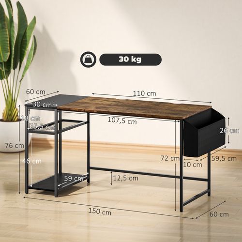 Bureau Informatique Style Industriel Multi-rangement Métal Noir Effet Bois Vieilli