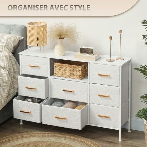 Commode Design Effet Bouclette 8 Tiroirs Non Tissés Niche Doré Blanc