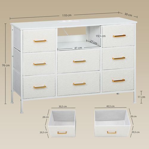 Commode Design Effet Bouclette 8 Tiroirs Non Tissés Niche Doré Blanc