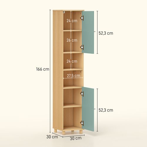 Colonne Salle De Bain 2 Portes 2 Étagères 2 Niches Effet Bois Vert D'eau