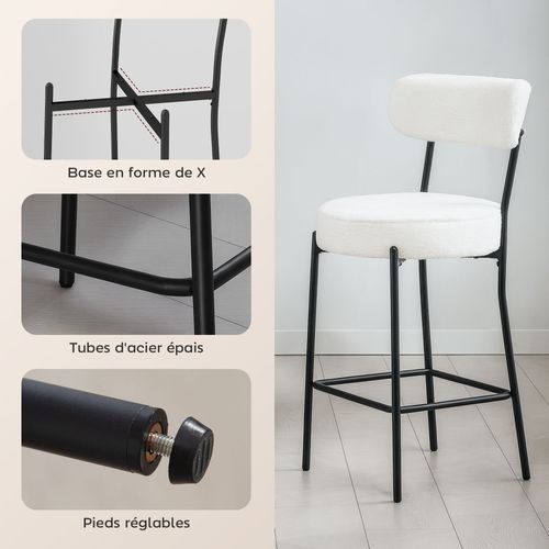 Lot De 2 Tabourets De Bar En Tissu Bouclé Assise H.68 Cm