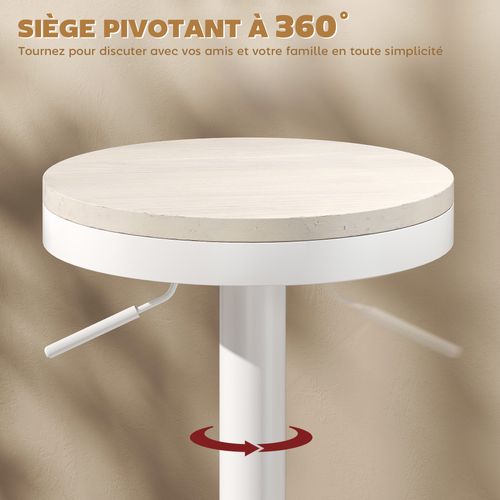 Lot De 2 Tabourets De Bar Réglables Pivotants Assise Ronde Bois Hévéa Acier Blanc
