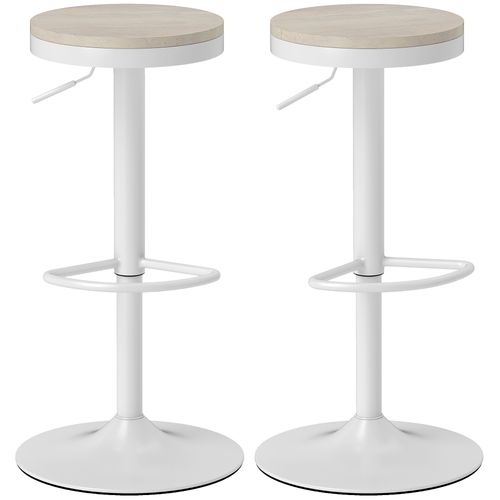 Lot De 2 Tabourets De Bar Réglables Pivotants Assise Ronde Bois Hévéa Acier Blanc