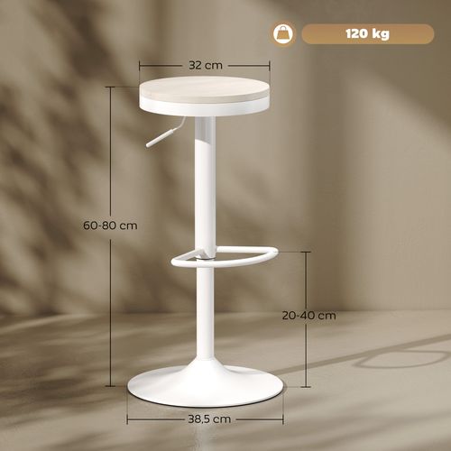 Lot De 2 Tabourets De Bar Réglables Pivotants Assise Ronde Bois Hévéa Acier Blanc