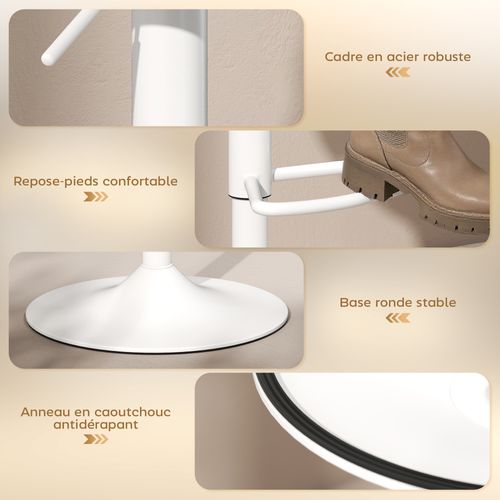 Lot De 2 Tabourets De Bar Réglables Pivotants Assise Ronde Bois Hévéa Acier Blanc
