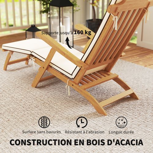 Chaise Longue Pliable En Bois D'acacia Matelas Repose-pieds Inclus