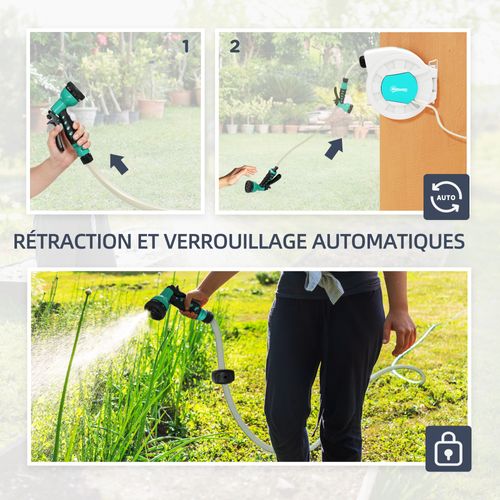 Dévidoir Mural Enrouleur Auto Pivotant Tuyau 25 + 2 M Avec Lance Et Support