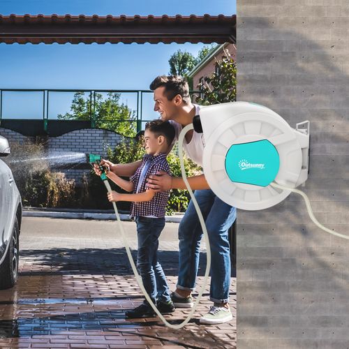 Dévidoir Mural Enrouleur Auto Pivotant Tuyau 25 + 2 M Avec Lance Et Support