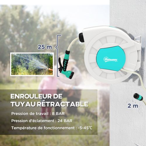 Dévidoir Mural Enrouleur Auto Pivotant Tuyau 25 + 2 M Avec Lance Et Support