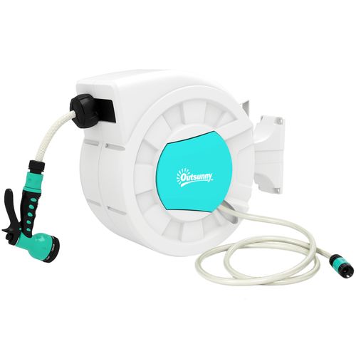 Dévidoir Mural Enrouleur Auto Pivotant Tuyau 25 + 2 M Avec Lance Et Support