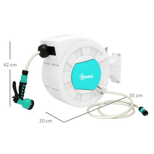 Dévidoir Mural Enrouleur Auto Pivotant Tuyau 25 + 2 M Avec Lance Et Support