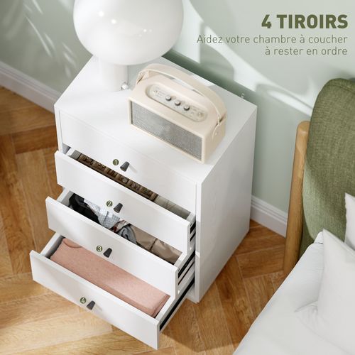 Commode 4 Tiroirs Poignées Coniques Métal Noir Effet Bois Blanc