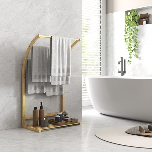 Porte-serviettes Style Cosy Bambou Verni 3 Barres Étagère Sol H.84 Cm