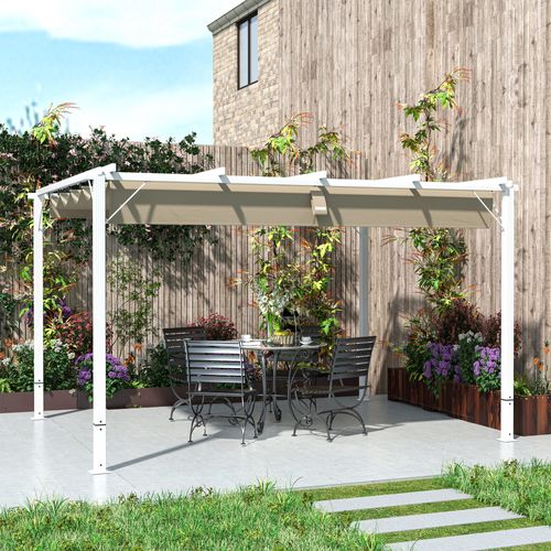 Pergola Coulissante Rétractable 3 X 4 M Alu Blanc Toile Kaki
