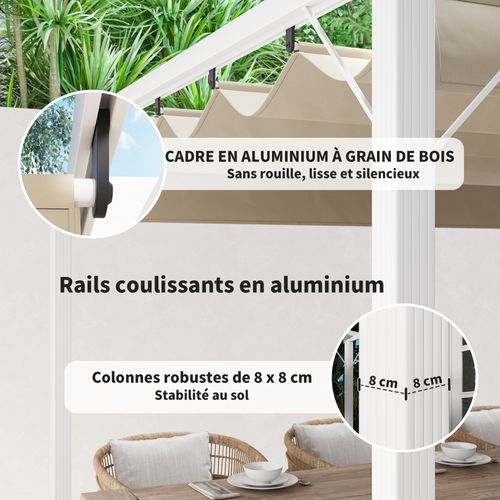Pergola Coulissante Rétractable 3 X 4 M Alu Blanc Toile Kaki