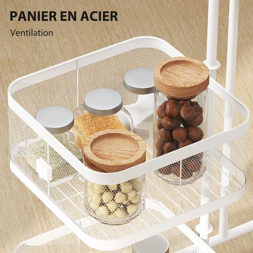 Resserre De Cuisine 4 Paniers Rotatifs Sur Roues En Métal H.77cm