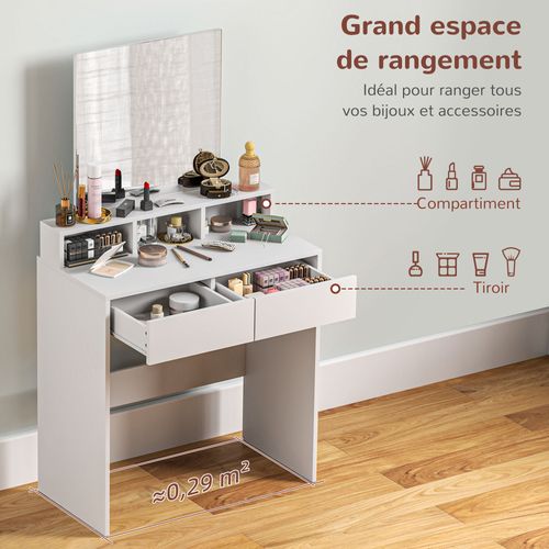 Coiffeuse Grand Miroir - 2 Tiroirs, 3 Compartiments, Étagère - Blanc