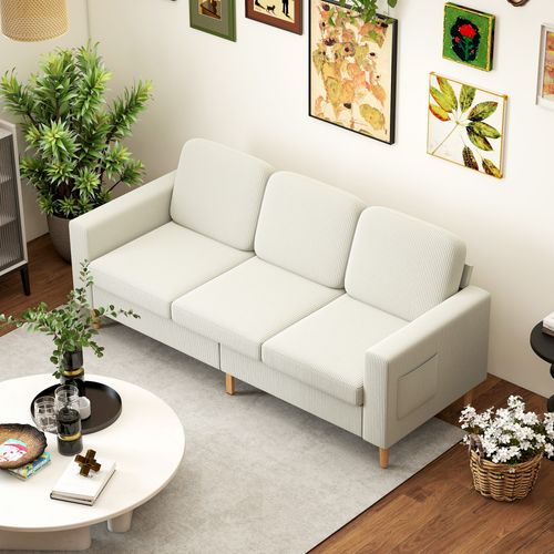 Canapé 3 Places Velours Côtelé Style Nordique Beige Clair