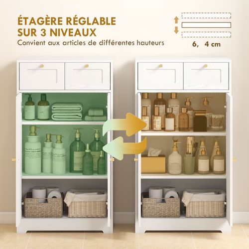 Meuble Bas Salle De Bain - 2 Tiroirs, 2 Portes, 2 Étagères, 2 Tiroirs - 60 X 30 X 108 Cm - Mdf Blanc