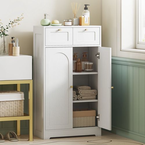 Meuble Bas Salle De Bain - 2 Tiroirs, 2 Portes, 2 Étagères, 2 Tiroirs - 60 X 30 X 108 Cm - Mdf Blanc