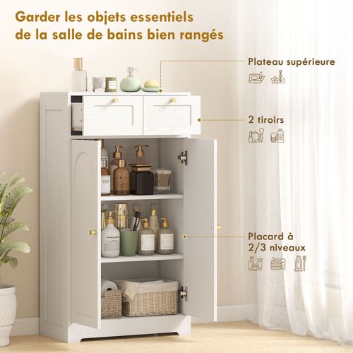 Meuble Bas Salle De Bain - 2 Tiroirs, 2 Portes, 2 Étagères, 2 Tiroirs - 60 X 30 X 108 Cm - Mdf Blanc