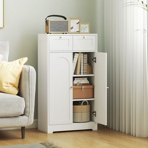 Meuble Bas Salle De Bain - 2 Tiroirs, 2 Portes, 2 Étagères, 2 Tiroirs - 60 X 30 X 108 Cm - Mdf Blanc