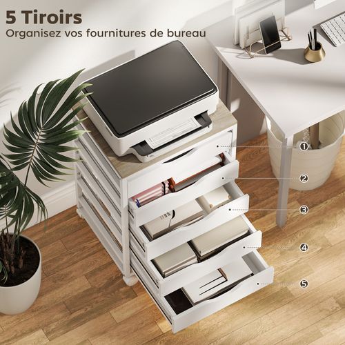 Caisson Mobile De Bureau 5 Tiroirs Dim. 50 X 40 X 74,5 Cm Blanc Effet Bois Clair