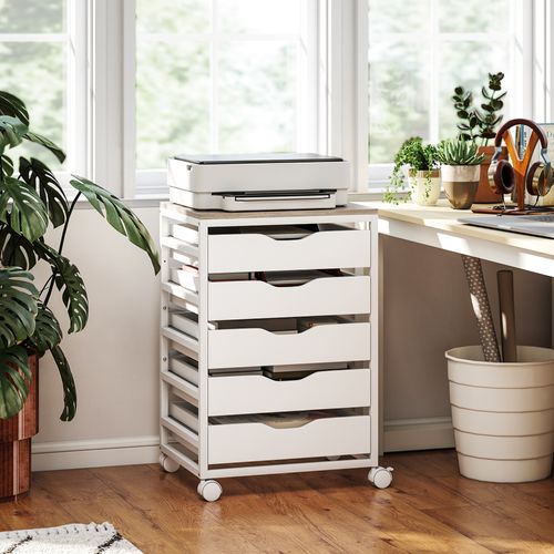 Caisson Mobile De Bureau 5 Tiroirs Dim. 50 X 40 X 74,5 Cm Blanc Effet Bois Clair