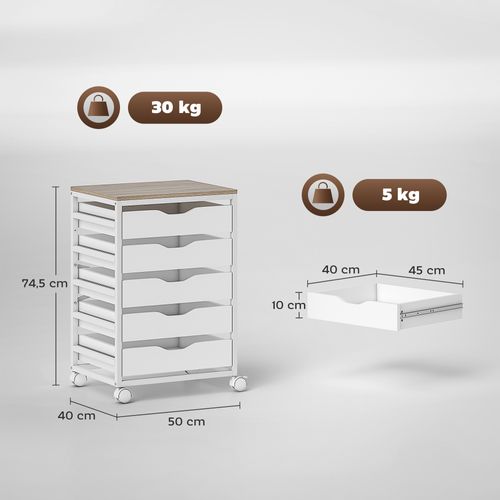 Caisson Mobile De Bureau 5 Tiroirs Dim. 50 X 40 X 74,5 Cm Blanc Effet Bois Clair