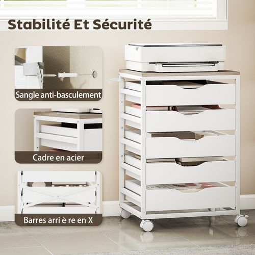 Caisson Mobile De Bureau 5 Tiroirs Dim. 50 X 40 X 74,5 Cm Blanc Effet Bois Clair