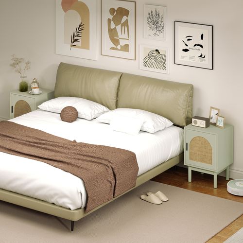 Lot De 2 Chevets Style Bohème Façade Porte Arquée Rotin Bois Vert D'eau