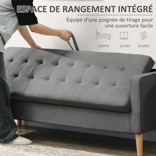 Canapé 3 Places Style Scandinave - Coffre Rangement Intégré - Bois Effilé Tissu Gris