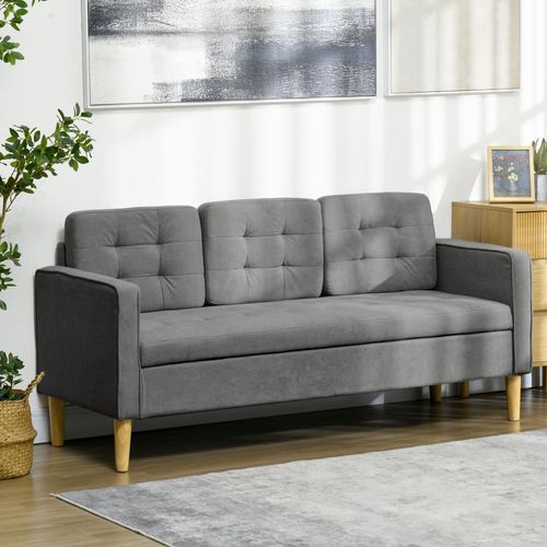 Canapé 3 Places Style Scandinave - Coffre Rangement Intégré - Bois Effilé Tissu Gris
