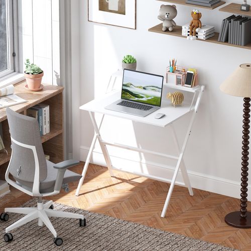 Bureau Informatique Design Pliable Avec Étagère Haute Blanc