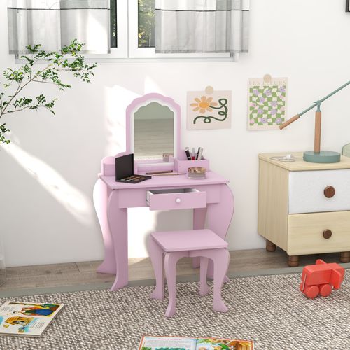GOPLUS Coiffeuse pour Enfants avec Grand Tiroir,Tabouret avec Miroir