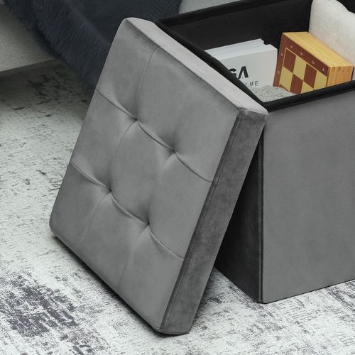 Pouf Coffre Velours Effet Capitonné Pliable Gris