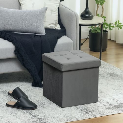 Pouf Coffre Velours Effet Capitonné Pliable Gris