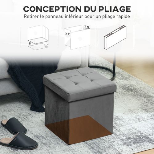 Pouf Coffre Velours Effet Capitonné Pliable Gris