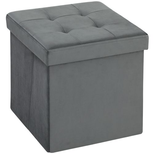 Pouf Coffre Velours Effet Capitonné Pliable Gris