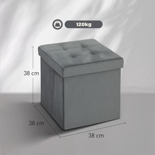 Pouf Coffre Velours Effet Capitonné Pliable Gris