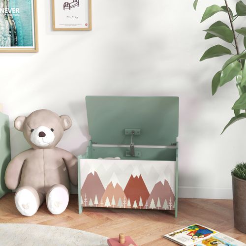 Coffre à Jouet Enfant Design Mountain Adventure Couvercle Rabattable Poignées